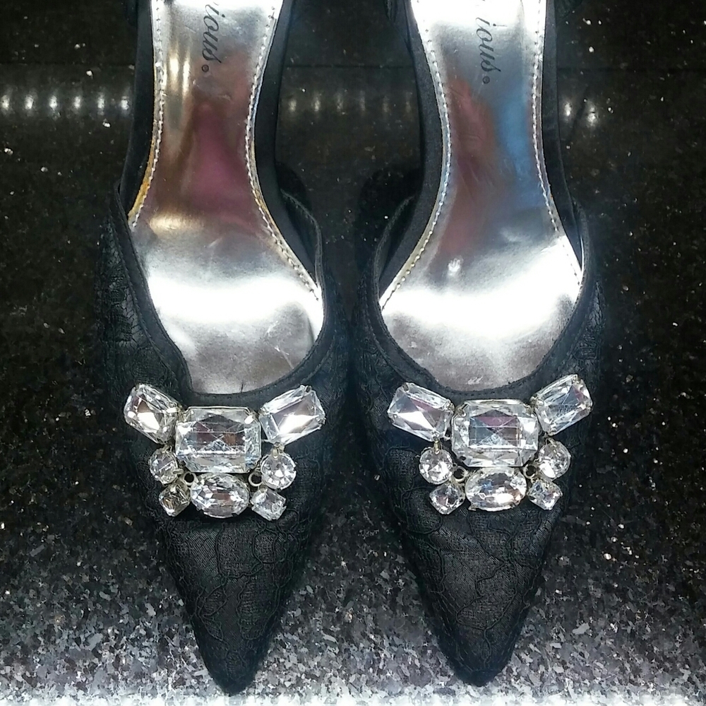 JEWELED CRYSTALS & LACE heels.